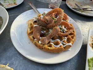 Fried Trumpet Mushroom over Potato Waffle  at Cafe Flora in Seattle