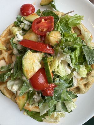 Falafel waffle! Yum  at Cafe Flora in Seattle