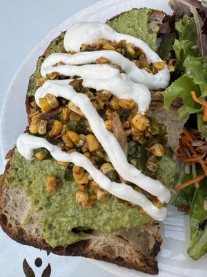 Elote tartine (vegan, no cheese)  at Cafe Flora in Seattle
