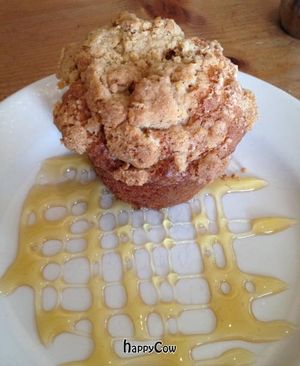 Fancy coffee cake with honey  at Cafe Flora in Seattle