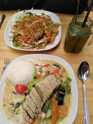 Noodles and a green curry with 'duck'. at Rou Vegan in Berlin