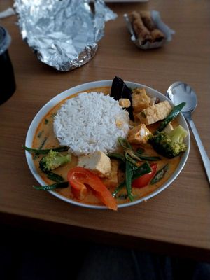 red curry with rice at Rou Vegan in Berlin