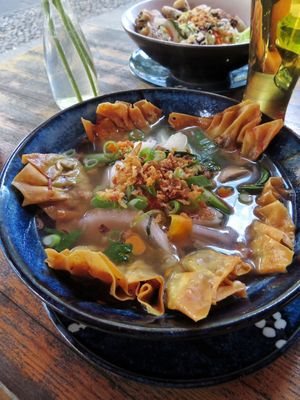 Dumpling soup, mild broth but everything's tasty together. Noodles underneath at Rou Vegan in Berlin