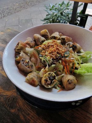 Rice noodles with vietnamese spring rolls (-ish). This dish had great, not so typical but mild flavour! Would order again. at Rou Vegan in Berlin