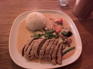 Peanut curry with sesame "duck" at Rou Vegan in Berlin