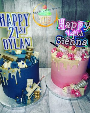 Two birthdays, one party still calls for separate cakes! Vegan Chocolate and vanilla with white chocolate drip, painted cake pops and mini chocolate bars at The Nakey Cakey Bakery in Castletown