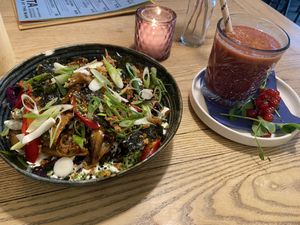 Japanese loaded fries and red juice  at Zeta in The Hague