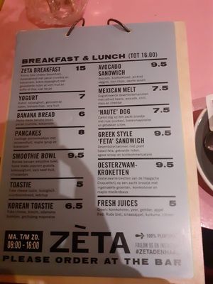 Menu breakfast at Zeta in The Hague