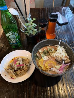 Tasty shiitake dumplings. Orgasmic pecan noodle ramen.  at ONI in Albuquerque