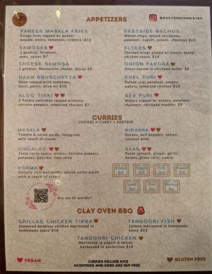 Menu at Roots Indian Bistro in Los Angeles
