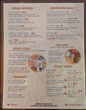 Menu at Roots Indian Bistro in Los Angeles