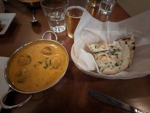 Malali Kofta and garlic naan at Roots Indian Bistro in Los Angeles