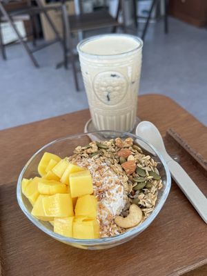 Mango yogurt bowl and soy milk tea  at Paper Nuts in Seoul