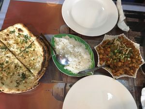 Garlic naan, steamed rice and chana masala (chickpeas) at Taj Mahal in Siem Reap