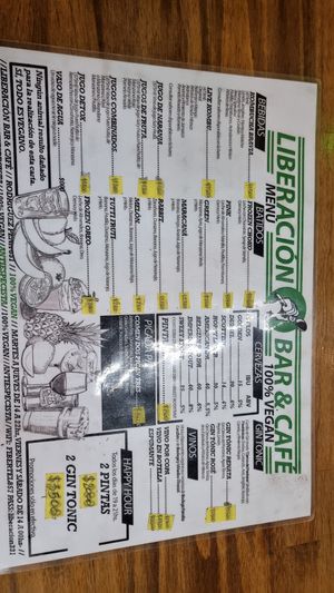 Menu at Liberación Cocina Vegana in Buenos Aires