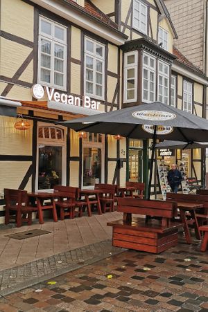 Außenansicht mit Sitzplätzen im Freien at Vegan Bar in Schwerin
