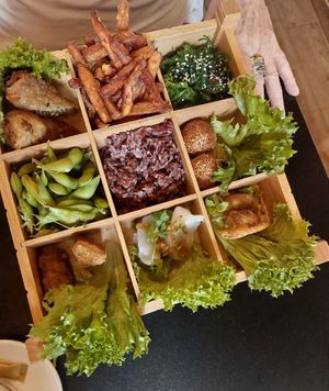 Tapas: Edamame, Süßkartoffelpommes, Sesambällchen mit Rote Bohnen Paste, etc at Vegan Bar in Schwerin