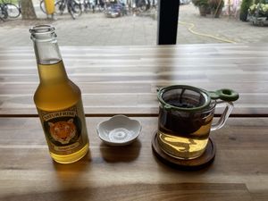 Ginger ale (nice) and Hojicha tea (nice and smoky taste) at Shokudo in Utrecht