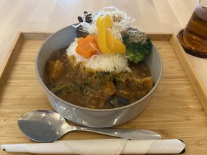 Aubergine curry with vegan mince: tasty, but I like the other 2 curries better. at Shokudo in Utrecht