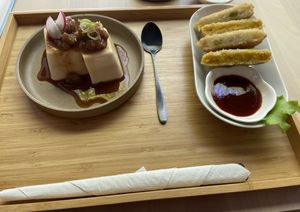 Kurumi miso tofu (cold and decent) and Korokke with potato or pumpkin (warm and both were good) at Shokudo in Utrecht