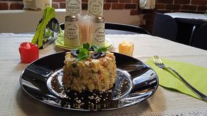 Salad with potatoes, carrots, peas, pickles, smoked tofu and homemade cashew mayonnaise at Vitu Kitchen - кухня ВИТУ in Plovdiv