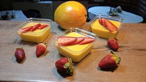 Mango and pineapple mousse with fresh strawberries on the top at Vitu Kitchen - кухня ВИТУ in Plovdiv