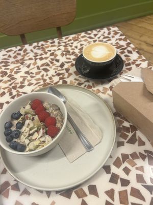 Overnight oats & oat cappuccino   at Pink Lane Coffee in Newcastle Upon Tyne