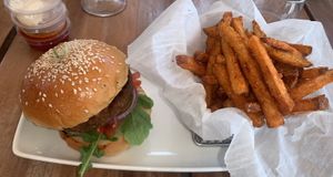 vegetarian burger with sweet potato fries  at Sea Shed in Speightstown