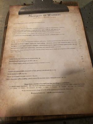 Menu  at Morgan and Watson  in South East London