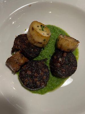 Christmas menu: king oyster mushroom scallops, black pudding, pea purée  at Morgan and Watson  in South East London