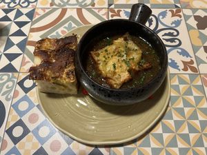 French onion soup and focaccia   at Morgan and Watson  in South East London