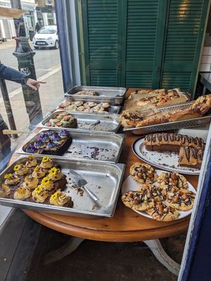 Selection of cake and focaccia at Morgan and Watson  in South East London