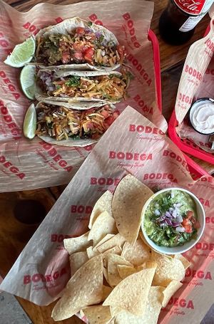 impossible chorizo tacos, chips and guacamole  at Bodega Taqueria y Tequila in Miami Beach