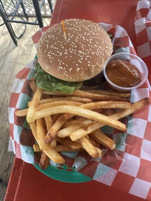 Black bean burger and fries  at Shambles in St John