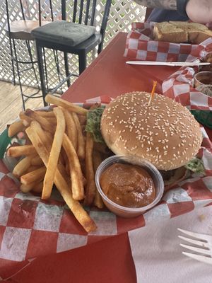 Black bean burger and fries  at Shambles in St John
