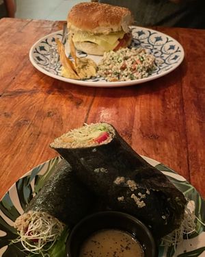 Bello burger and Chipotle roll  at BOTICA BISTRO - Nutty Treesome in Playa Del Carmen