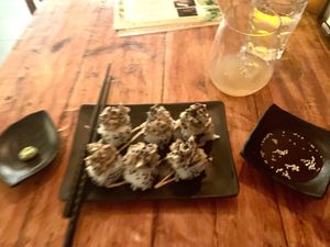 Sorry for the blurry pic. The Goku was the best vegan sushi roll ever!!  at BOTICA BISTRO - Nutty Treesome in Playa Del Carmen