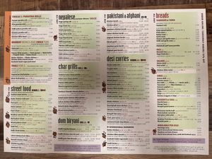 Menu rear  at Bombay Dhaba in Upper Mount Gravatt