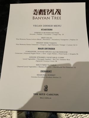 Vegan menu Dec 2022  at The Banyan Tree in Lahaina