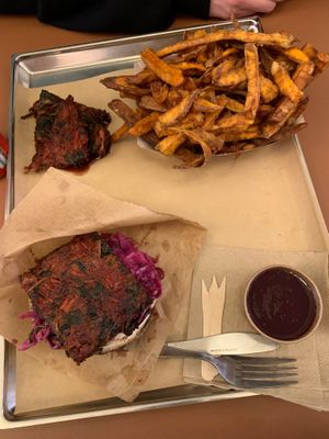 purple tempura, sweet potato fries, vegan burger, homemade tomato sauce at Patatak - La Bourse in Brussels
