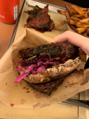 close up of the vegan burger (tempura with portobello mushroom) at Patatak - La Bourse in Brussels