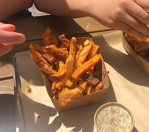Sweet potato fries with home made vegan aioli dip  at Patatak - La Bourse in Brussels