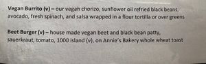Actual vegan menu items at Lucy in the Rye in Sylva
