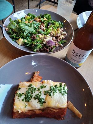 Lasagne and salad at Cultivate Food in Oslo