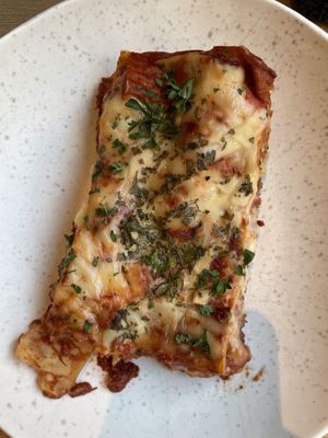 Generous portion of delicious lasagne (cheese substitute is nut free too!)   at Cultivate Food in Oslo