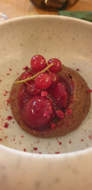 Chocolate mouse with cherries at Cultivate Food in Oslo