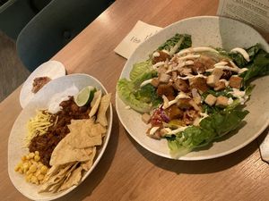 Cesser salad and taco bowl  at Cultivate Food in Oslo