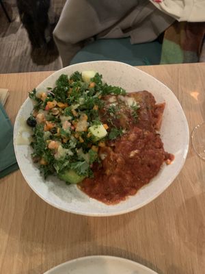Lasagna and kale salad  at Cultivate Food in Oslo