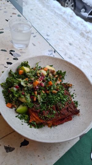 Lasagna with side salad at Cultivate Food in Oslo