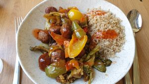 Meatballs with vegetables, rice and sweet chili sauce at Cultivate Food in Oslo